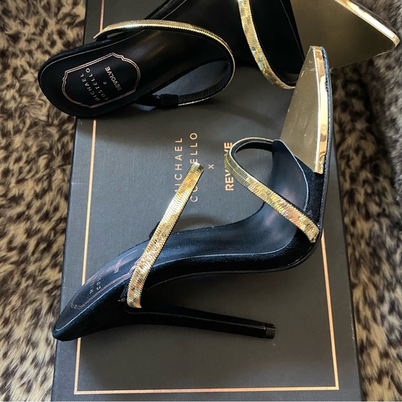 Michael Costello x REVOLVE Gwenn Sandal in Black gold high heels shoes suede 7 - Picture 15 of 16